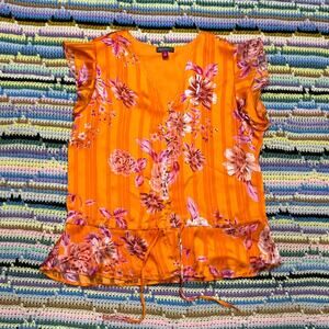 Vince Camuto Orange Rio Gardens floral v-neck button down peplum top blouse